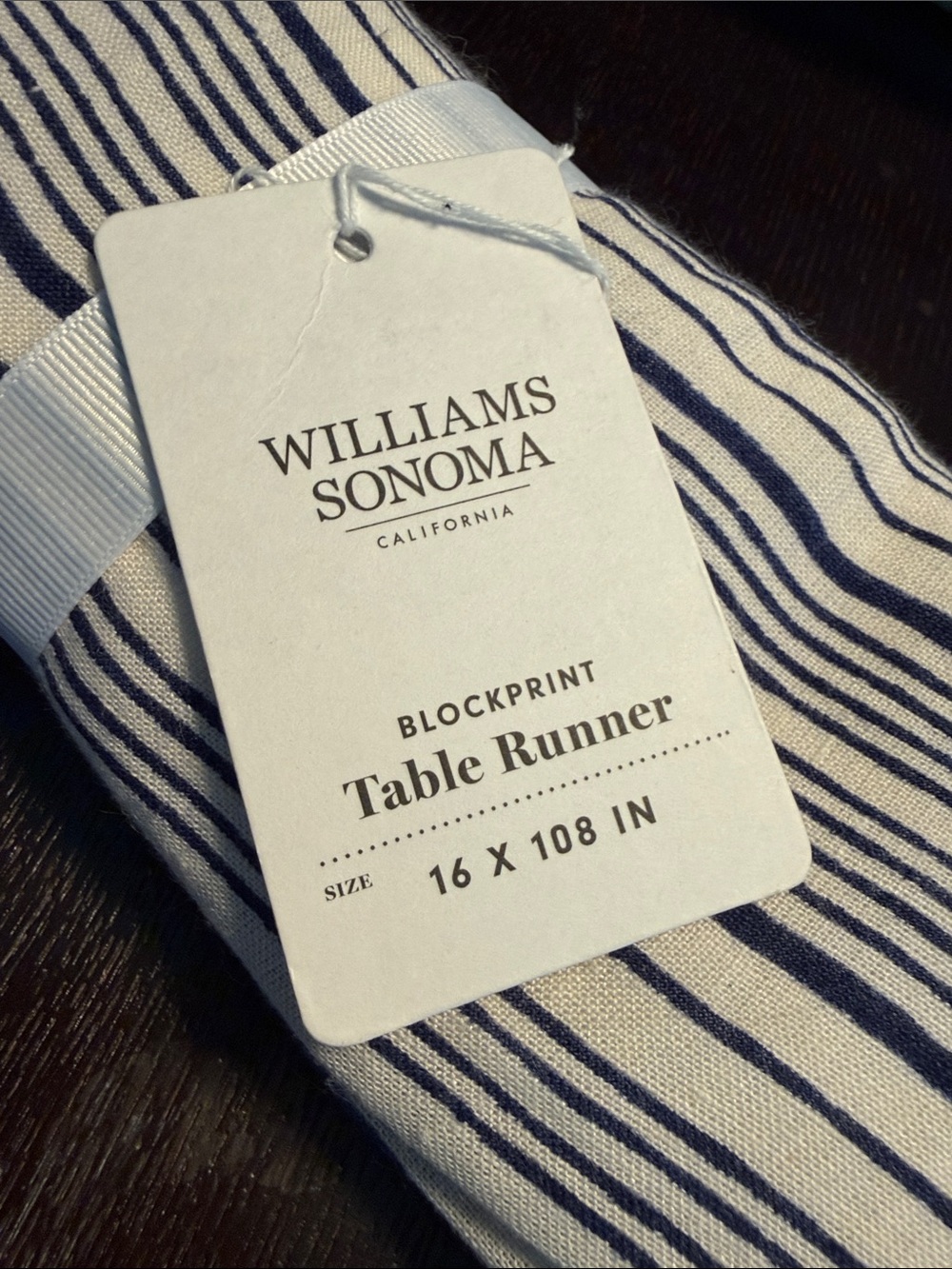 Williams Sonoma Navy and White Striped Blockprint Table Runner 17” x 108”